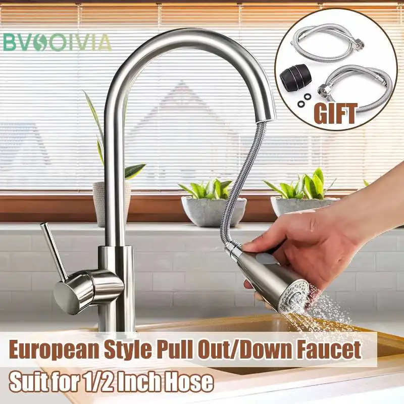 

Смеситель из нержавеющей стали с матовым никелевым покрытием, кухонный кран с одним отверстием и выдвижным носиком для раковины, струйный распылитель