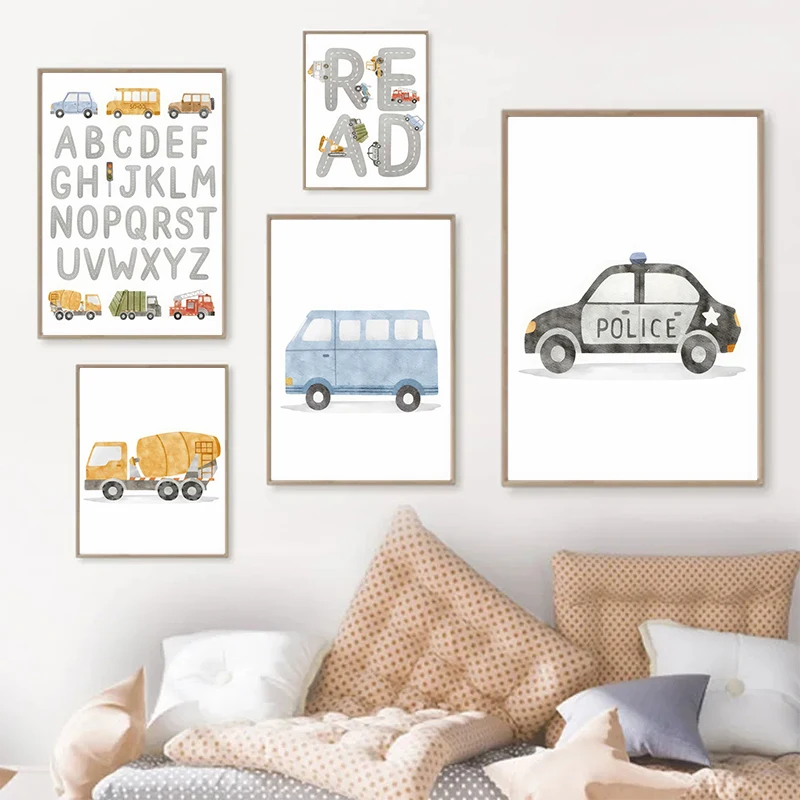 Алфавит такси пожарная машина автобус настенные художественные плакаты принты