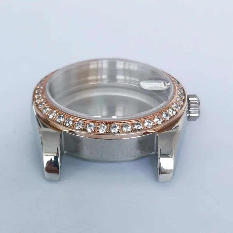 Transparent back cover 36mm Sapphire Crystal Stainless Steel Two Tone Watch Case Diamond Bezel Fits For 20MM Strap
