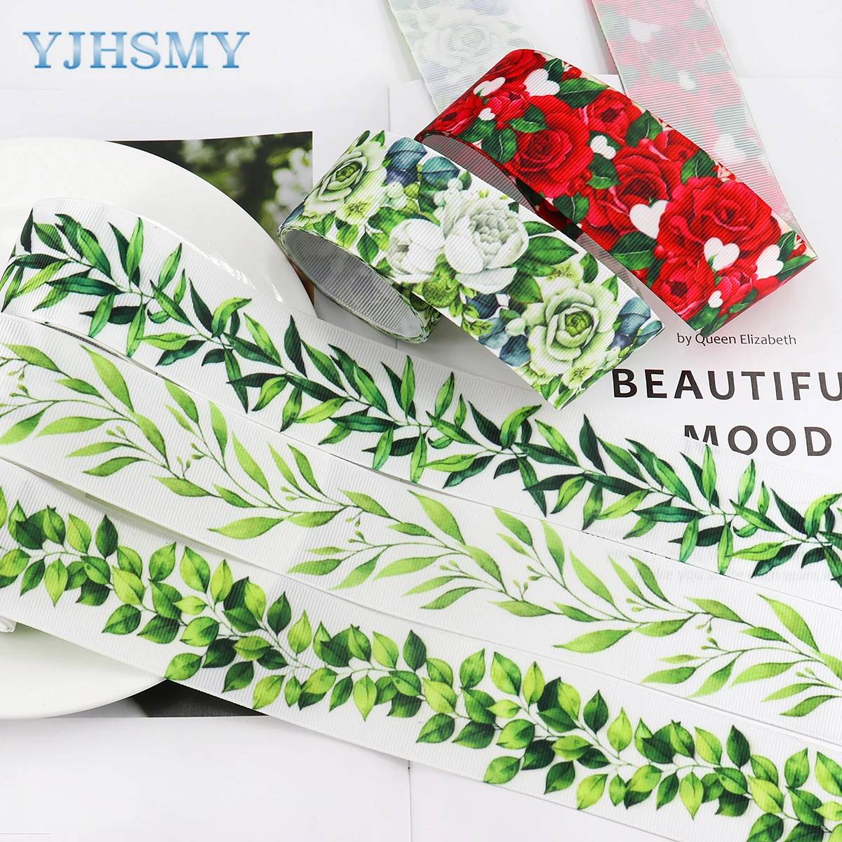 

Лента в рубчик с листьями, лента с рисунком розы, лента с рисунком цветов для обертывания венка банты с цветами, свадебное украшение