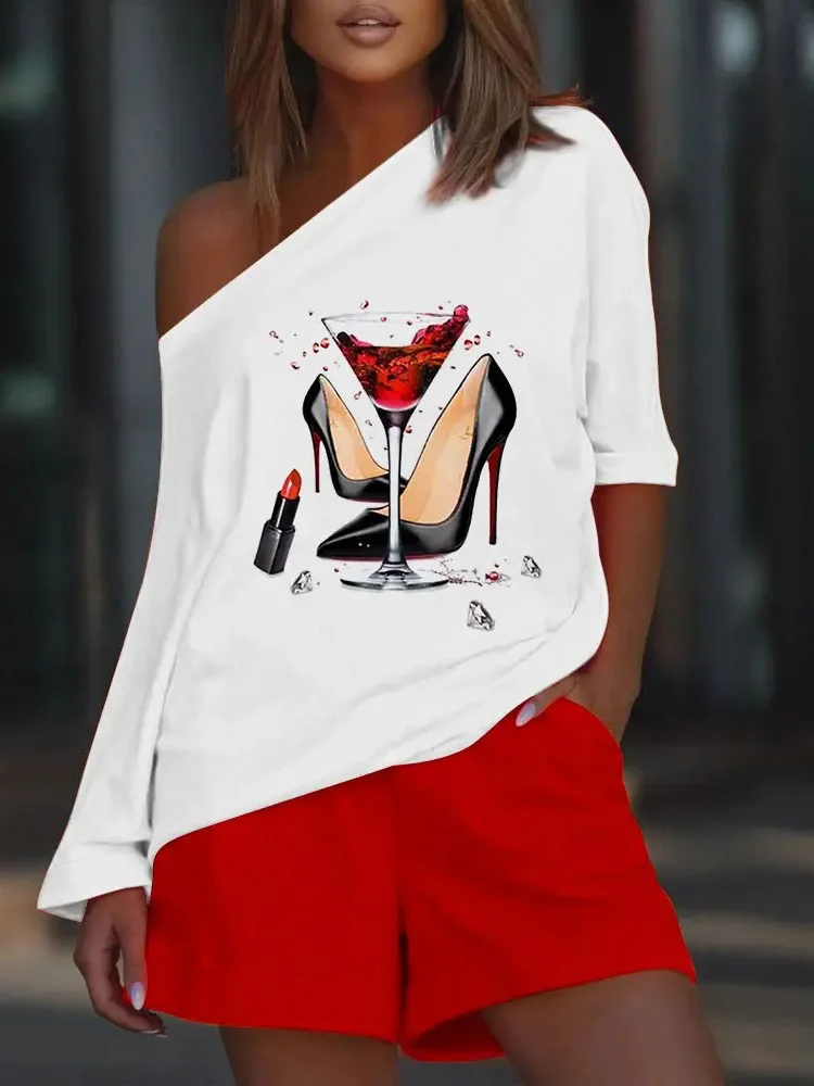 

2022 Long Top Skew Collar Printing 2PCS Suits Women Summer Loose Loungewear Elastic Waist Pocket Ladies Matching Set Streetwear
