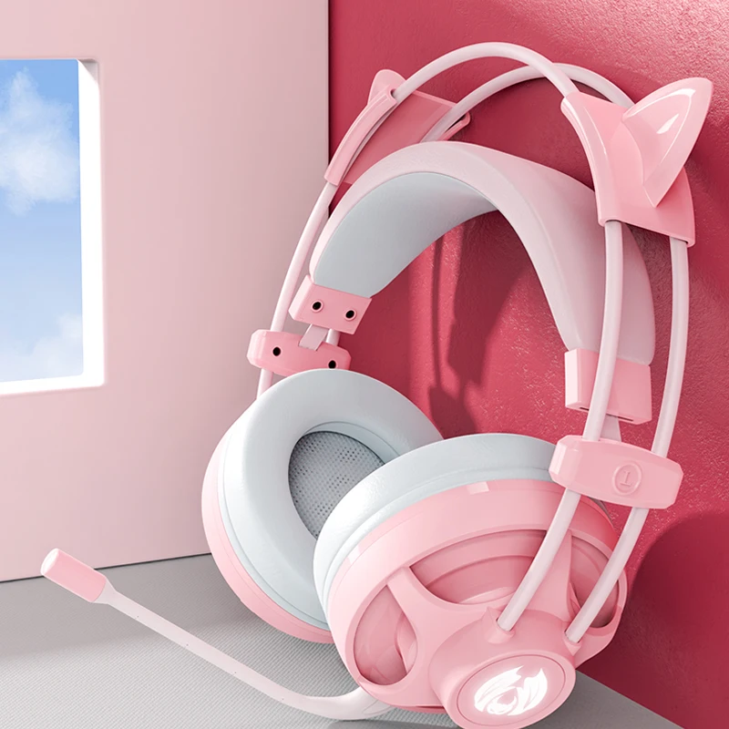 

Игровая гарнитура с микрофоном, розовые кошачьи уши, Проводная стерео Музыкальная гарнитура с шумоподавлением, гарнитура для смартфона, ПК,...