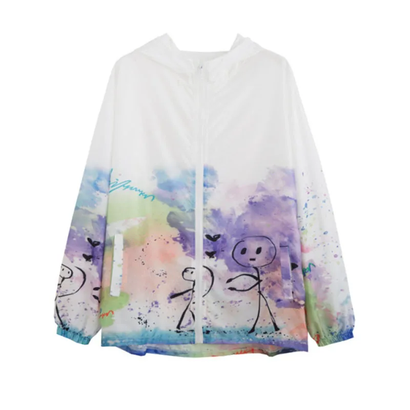 

2022 Summer Woman's Sun Protection Jackets Thin Zipper Hat Long Sleeve Cute Printed Polyester Sun Coat
