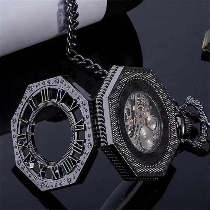 Vintage Charm Black Unisex Fashion Roman Number Quartz Steampunk Pocket Watch Women Man Necklace Pendant with Chain Gifts P427