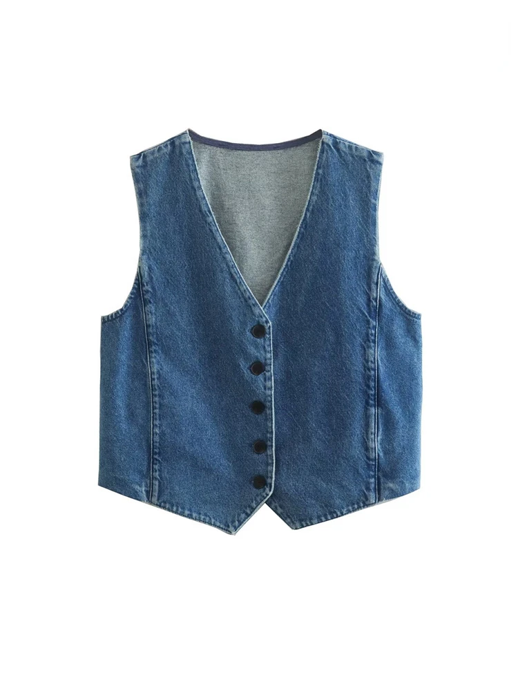 

TRAF Vests Women Front Button Denim Waistcoat Vintage V Neck Sleeveless Female Fashion Outerwear Chic Vest Tops