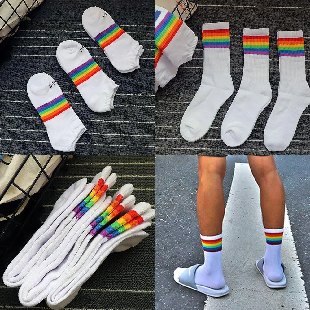 

5pairs Rainbow Stripes In Long Sports Socks Thick Sweat Socks Absorbent Deodorant Cotton T6F6