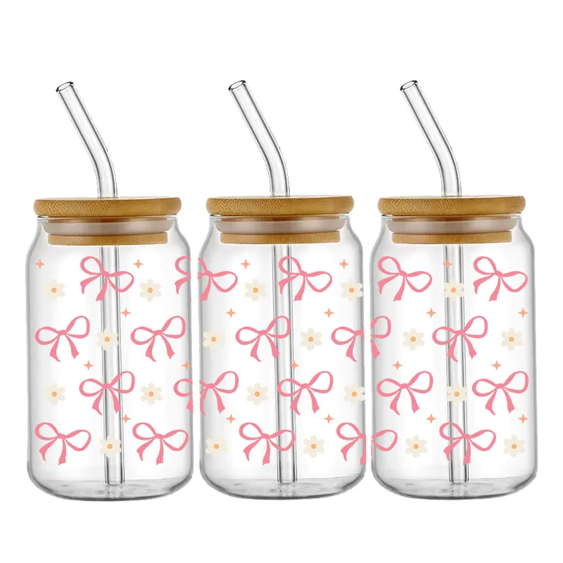 UV наклейки MINISO розовые банты для стаканов Libbey