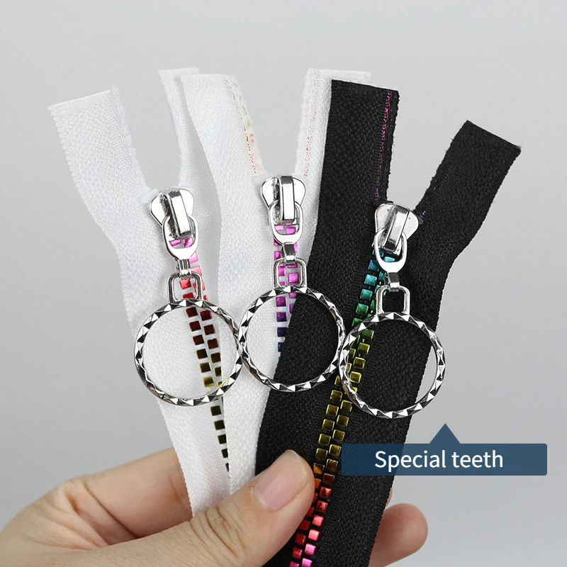 

5PCS Gradient Color Resin Teeth Zippers 5# 40/50cm Rainbow Square Teeth Open-end Auto Lock Zippers Garment Accessories