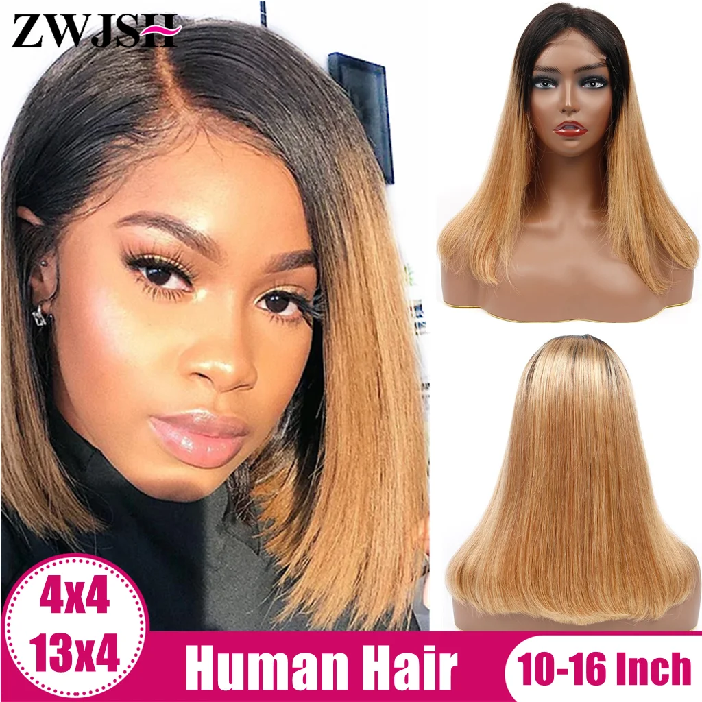 

13x4 Lace Frontal Front Bob Wigs for Women Remy Human Hair Short Straight Ombre Black Brown Gold 4x4 Closure 1B27 ZWJSH