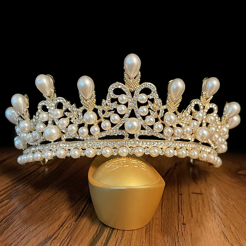 

New Korean Bridal Headdress Crystal Pearl Tiaras High-End Elegant Birthday Crown Wedding Dress Accessories