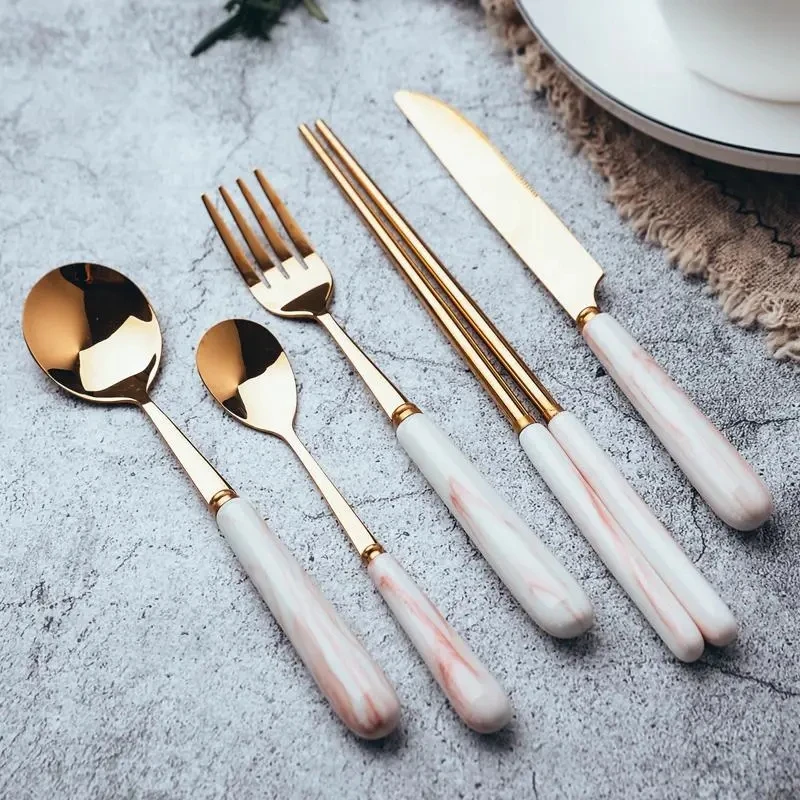 

5pcs/set Kitchen tool Fashion Stainless Steel fork Knife Spoon Marble stripe fruit fork/cake dessert fork tableware Ceramics