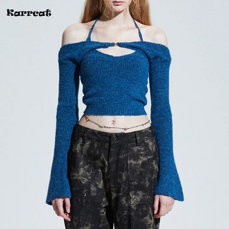 

2022 Women Y2k Knitted Halter Cami Tops And Flare Sleeve Shrug Set Blue Sweater Set Shawl Stacked 2 Piece Set Long Sleeve