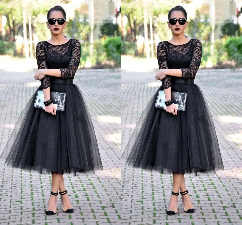 

Элегантные праздничные платья для женщин 2023, черное кружевное вечернее платье до середины икры с глубоким вырезом и рукавами 3/4, праздничное платье