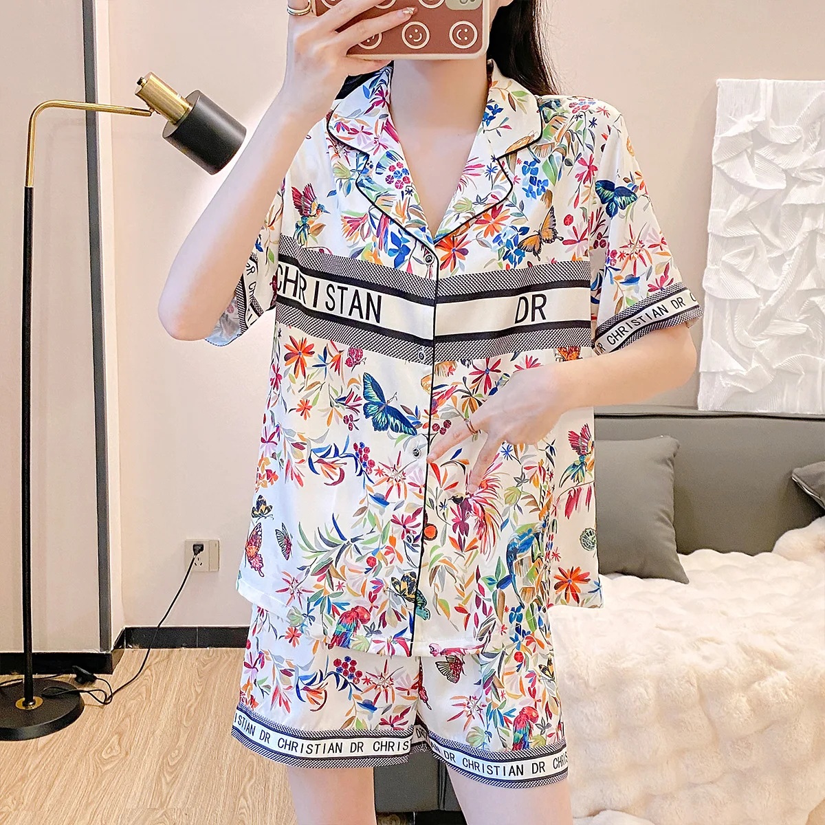 Атласные пижамные комплекты с цветочным принтом животных шорты штаны женская