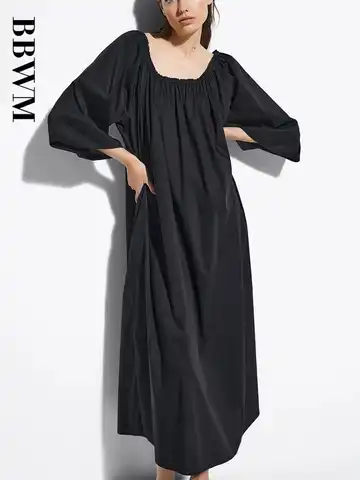 2023 Summer New Women's Off Shoulder Long Simple Dress Black Loose Fit High Quality Chic Female Dress
