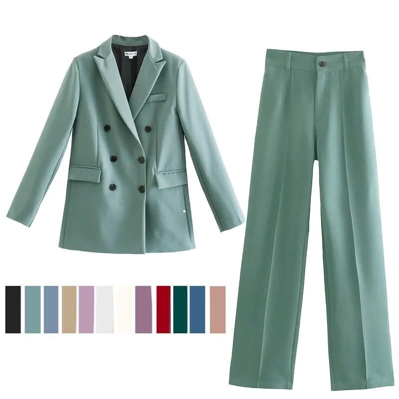 

Women's Double Breasted Notched Blazer Office Suit Pantsuit Solid Long Sleeve Jacket Trousers Blazer Women Mujer