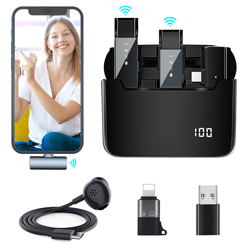 

Wireless Lapel Microphone Wireless Lavalier Microphone Mini Mic with Dual Display Charging Box Noise Reduction for Android IOS