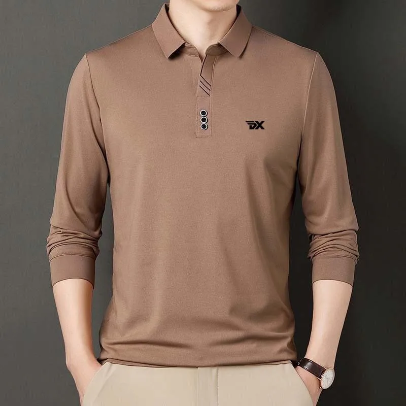 2023 Autumn New Solid Long sleeved Polo Shirt Golf Sports Men's Knitted Bottom Shirt Casual Business Loose Top