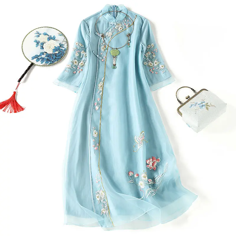 

Women Summer Cheongsam Embroidery Short Sleeve Dress Vintage Costumes Slim Traditional Dresses