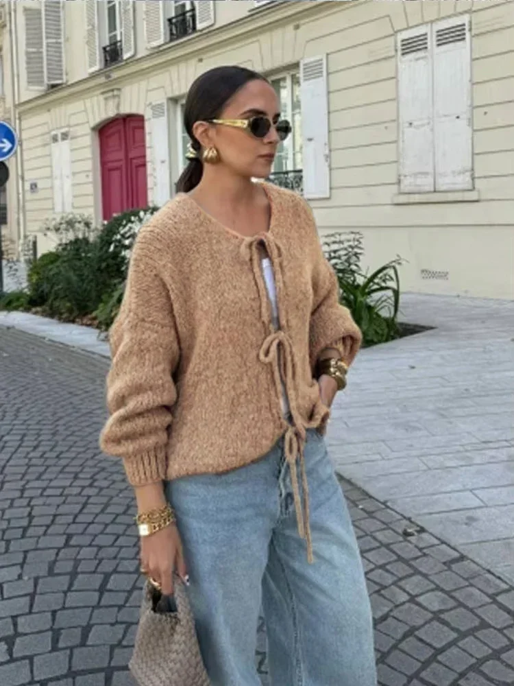 Коричневый вязаный кардиган на шнуровке с бантом модный повседневный свитер