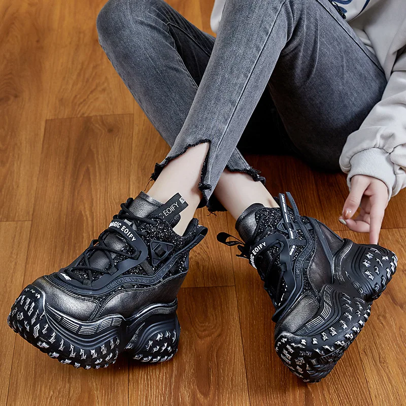 Массивные кроссовки из раскрытой кожи 12 см весенняя обувь ботильоны натуральной