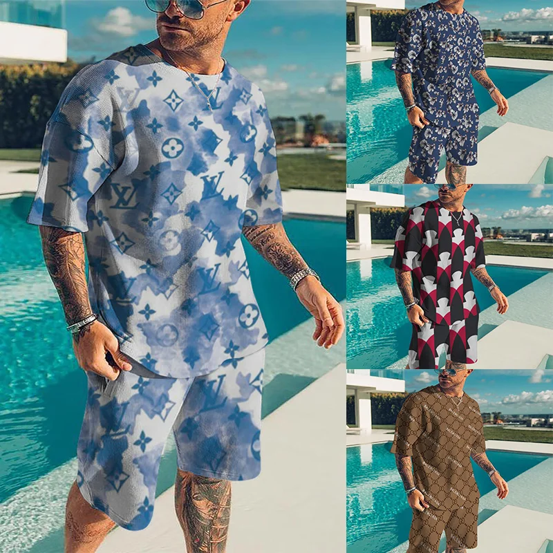 

Summer Men's Set Fashion T-shirt&Shorts 2Pcs Set Breathable Sportswear For Men Tees Oversized Round Neck Casual Brand Tracksuit
