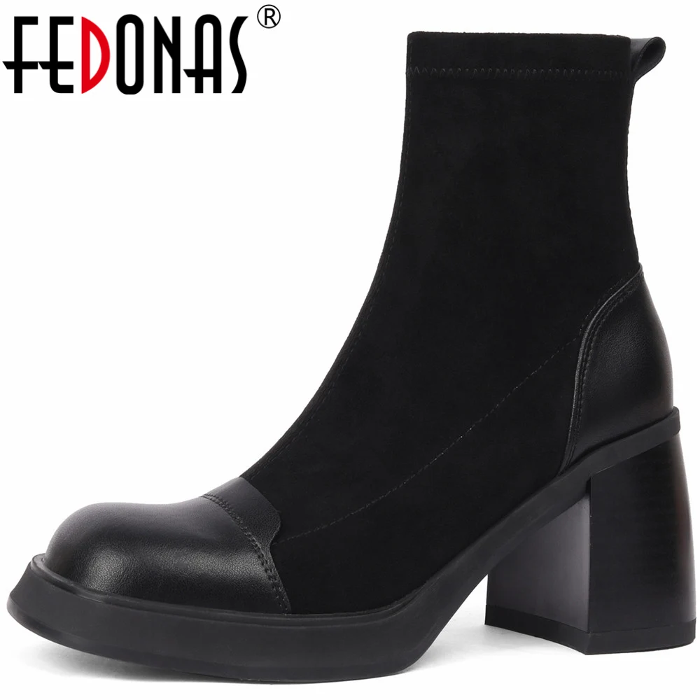 

FEDONAS Women Stretch Short Boots Autumn Winter Splicing Genuine Leather Shoes Woman Thick High Heels Concise Basic Office Lady