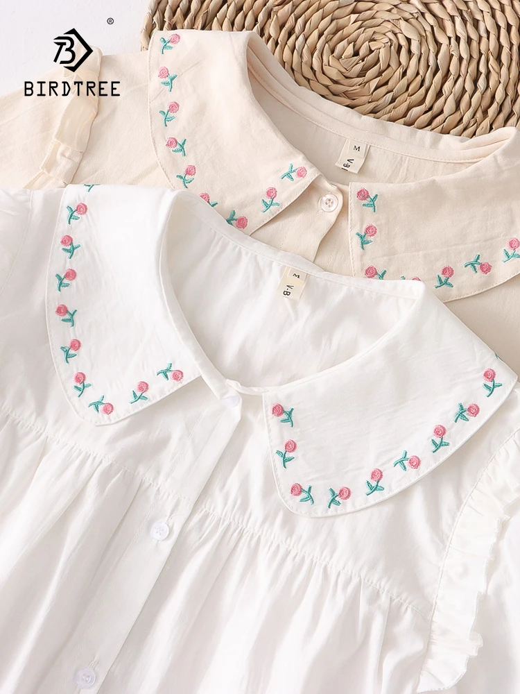 

Autumn New Women Cotton White Shirts Floral Embroidered Full Sleeve Peter Pan Collar Loose Blouse Tops Spring T36314JC