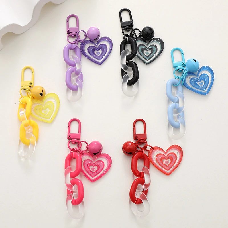 

Fashion Resin Heart Pendant Keychain With Bell Creative Women Colorful Plastic Link Chain Key Ring Earphone Case Bag Accessories