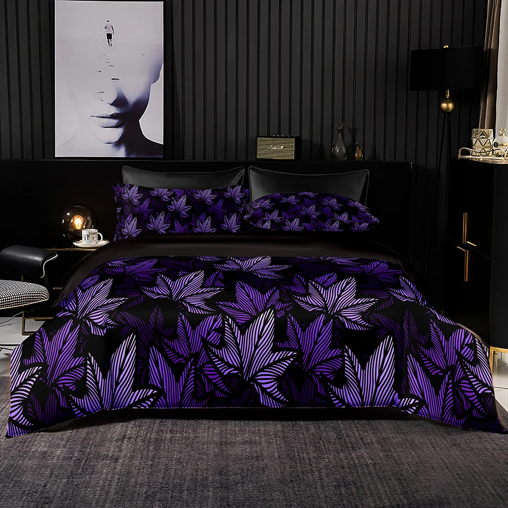Постельное белье в винтажном стиле 2/3 шт. Мягкое черное одеяло с наволочкой в шикарном фиолетовом узоре кленового листа для размера Queen King.