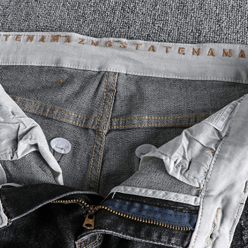 Embroidered letters washed retro black gray jeans men's autumn and winter European and American trend cotton elastic slim small