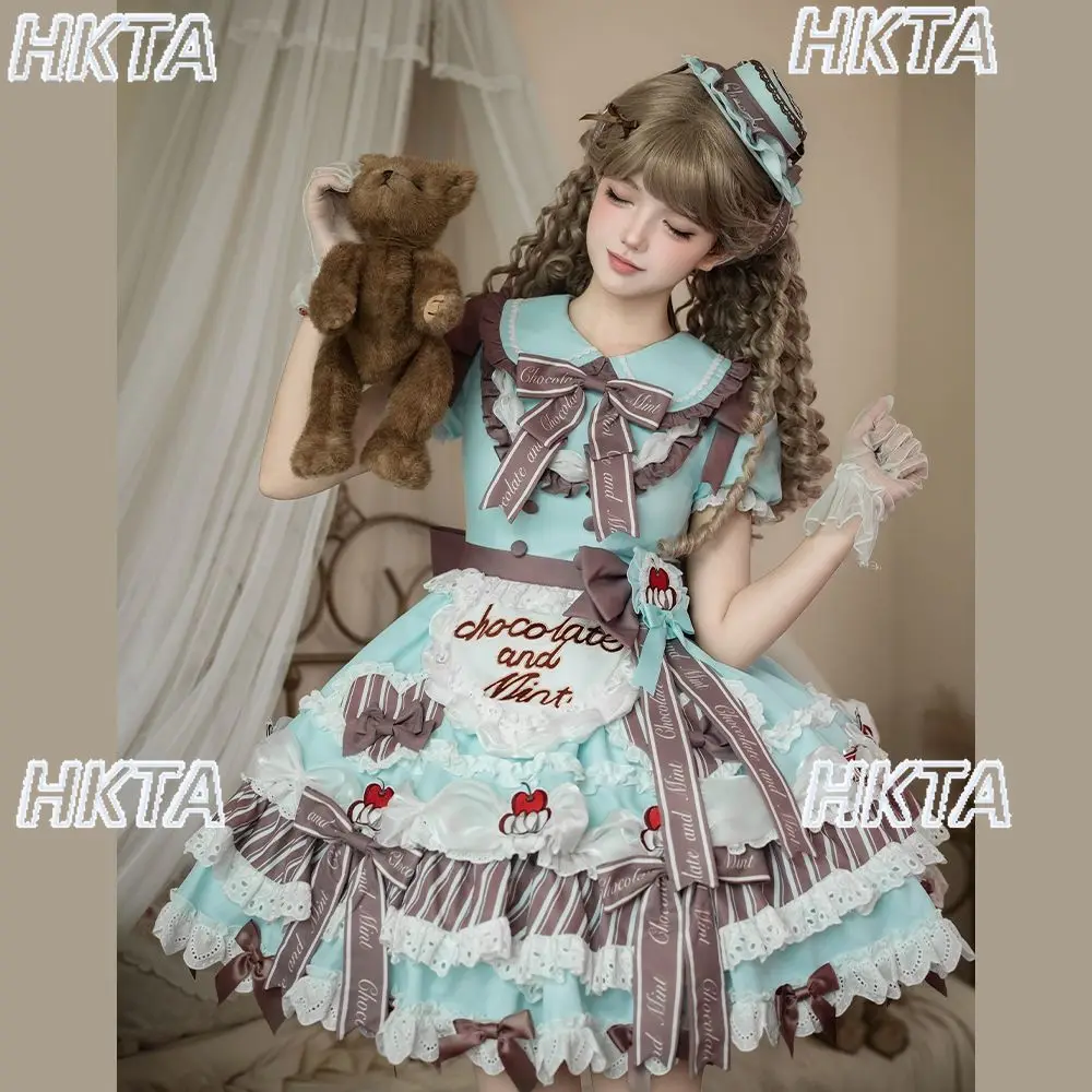 Фото Японское платье Лолита с коротким рукавом, воротником-куклой, вышивкой, кружевом и бантом, многослойное, в стиле принцессы, для косплея, женское №2