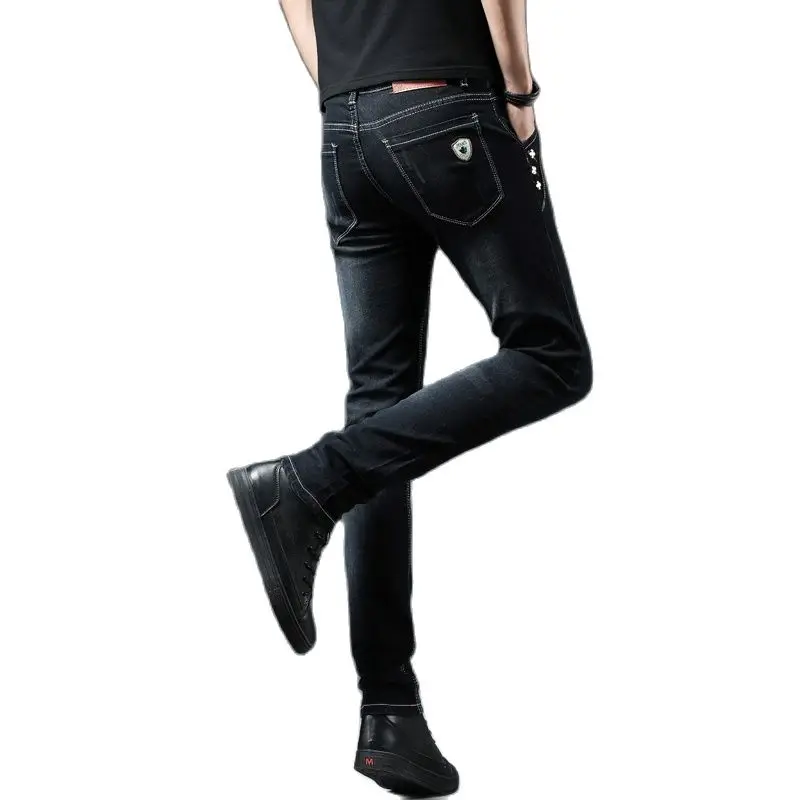 

Весна-Осень 2023, мужские джинсы на пуговицах, Молодежные облегающие узкие брюки-карандаш, Стрейчевые Прямые хлопковые удобные джинсовые брюки