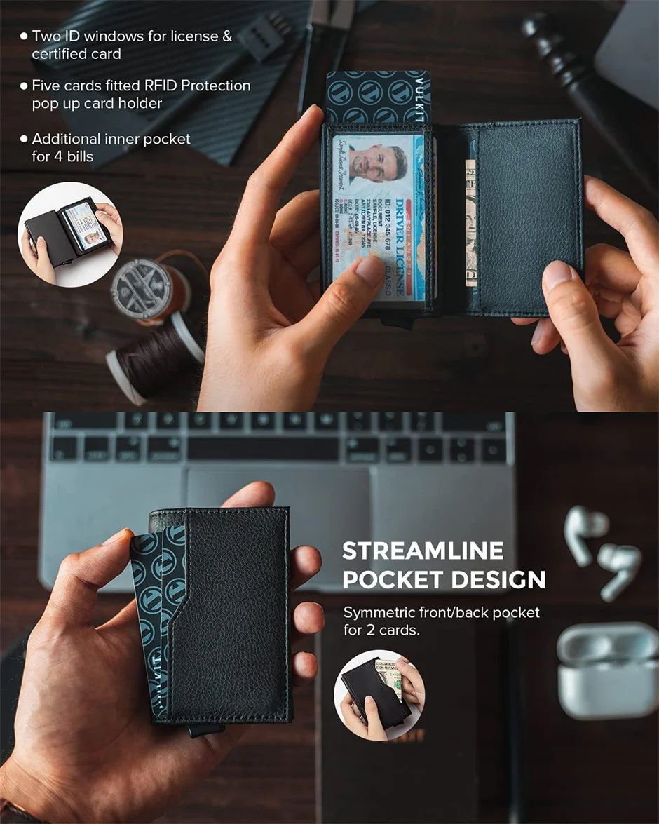 Credit Card Case with Double ID Window Genuine Leather RFID Blocking Automatic Leather Pop Up Wallet for Cards Notes Men Slim