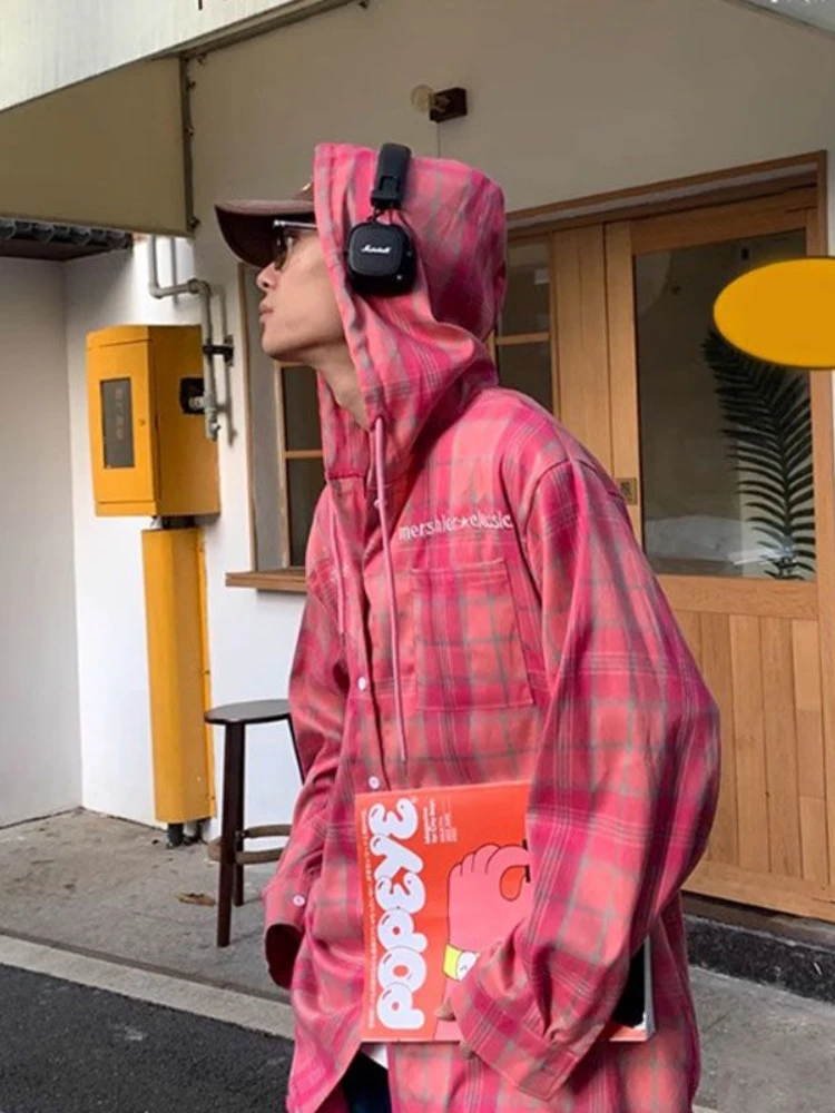 

American Y2K Retro Pink Plaid Hoodie Men's Trendy Long-sleeved Shirt Women's Loose Plus Size Casual Sweatshirt Jacket 2023 New