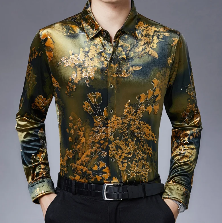 

Quality Top Fashion Trendy High Luxury Mens Silk Shirts Formal Velvet Shirt Dress Slim Fit Drop Shipping