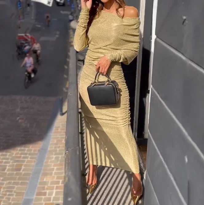 

Новинка Осень-зима 2023, весеннее модное повседневное пикантное свободное платье с открытыми плечами и длинным рукавом, элегантное вечернее женское платье