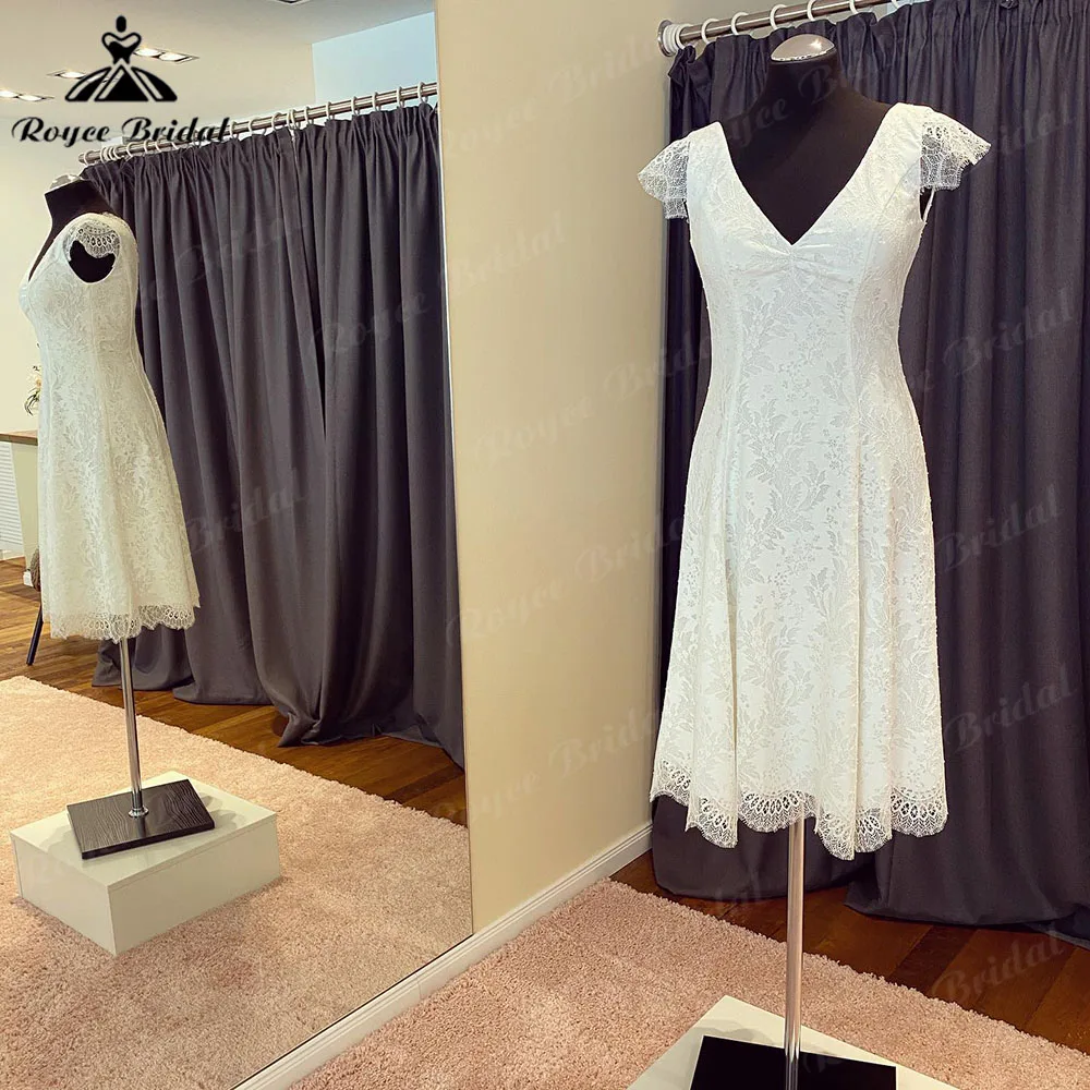 

Elegant Cap Sleeve V Neck Lace Short Wedding Dress for Women 2024 Knee-Length Bridal Receipt Dinner Gown vestido de novia corto