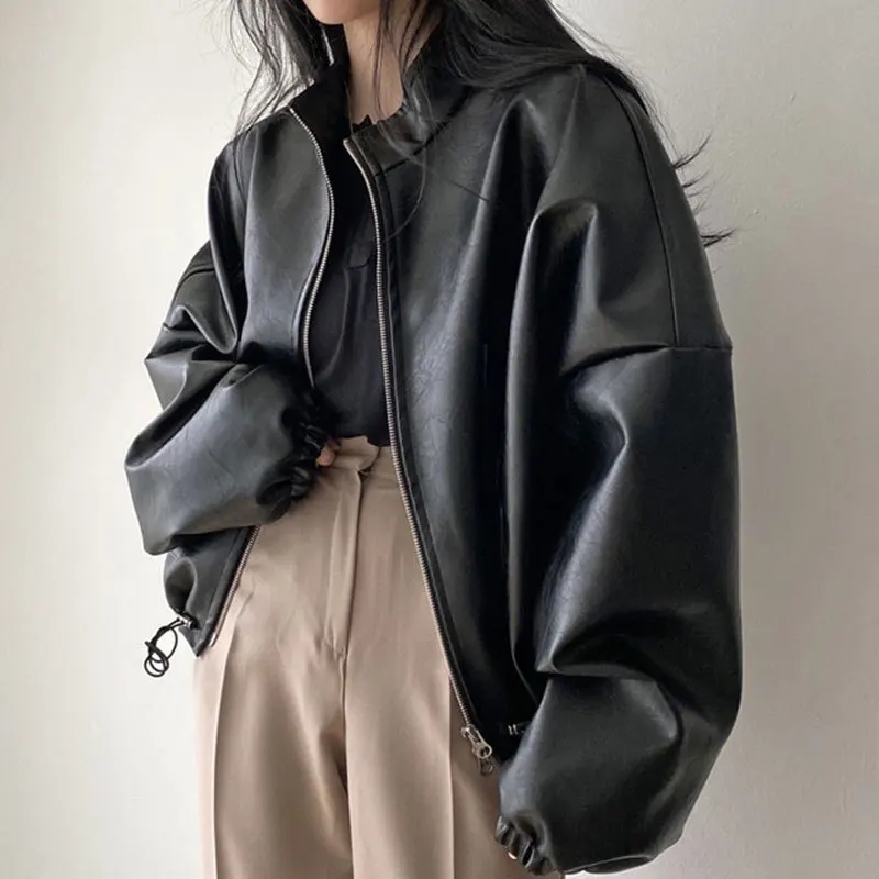Korean Chic Autumn Skinny Fashion St Collar Zipper Large Pocket Design Drawcord Tie Motorcycle Leather Coat Women Y2k White Top