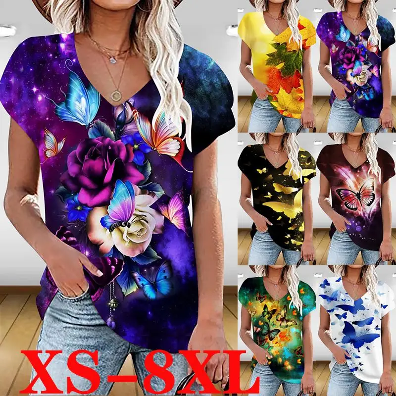 

Women Top New Summer V-neck Short-sleeved Top Women's Loose Casual Printing T-shirt XS-9XL