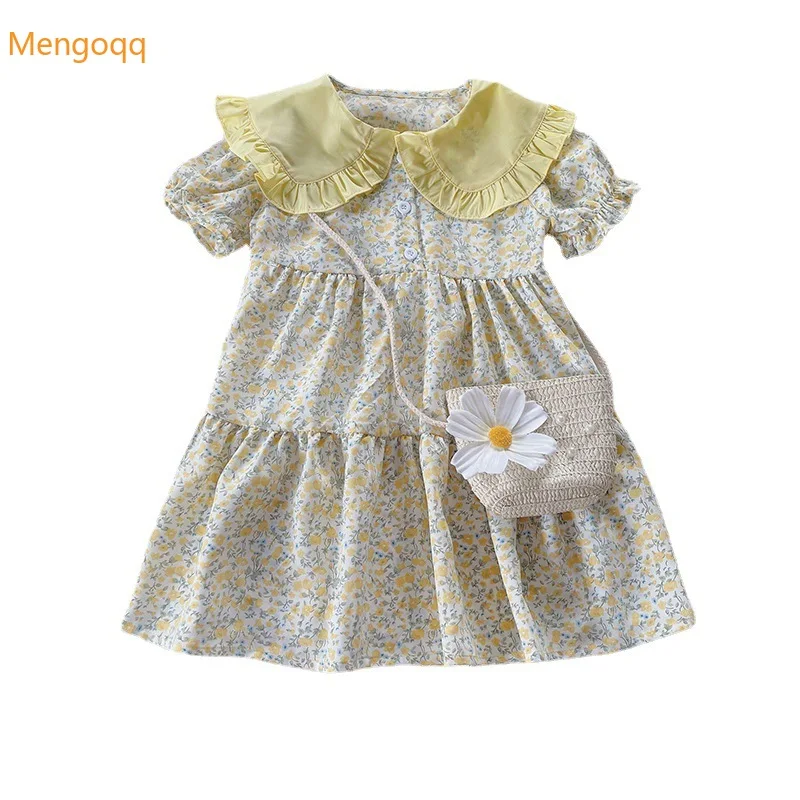 

Cute Princess Summer Short Sleeve Peter Pan Collar Flower Knee-length Dresses Kids Baby Children Clothing Gift Bag 18M-7Y