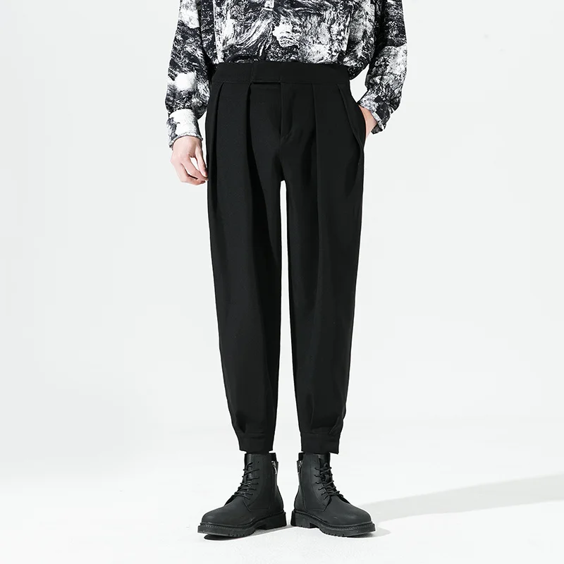 Черно-белые мужские костюмные брюки, облегающие Модные мужские строгие брюки, корейские повседневные брюки-султанки, мужские однотонные ст...