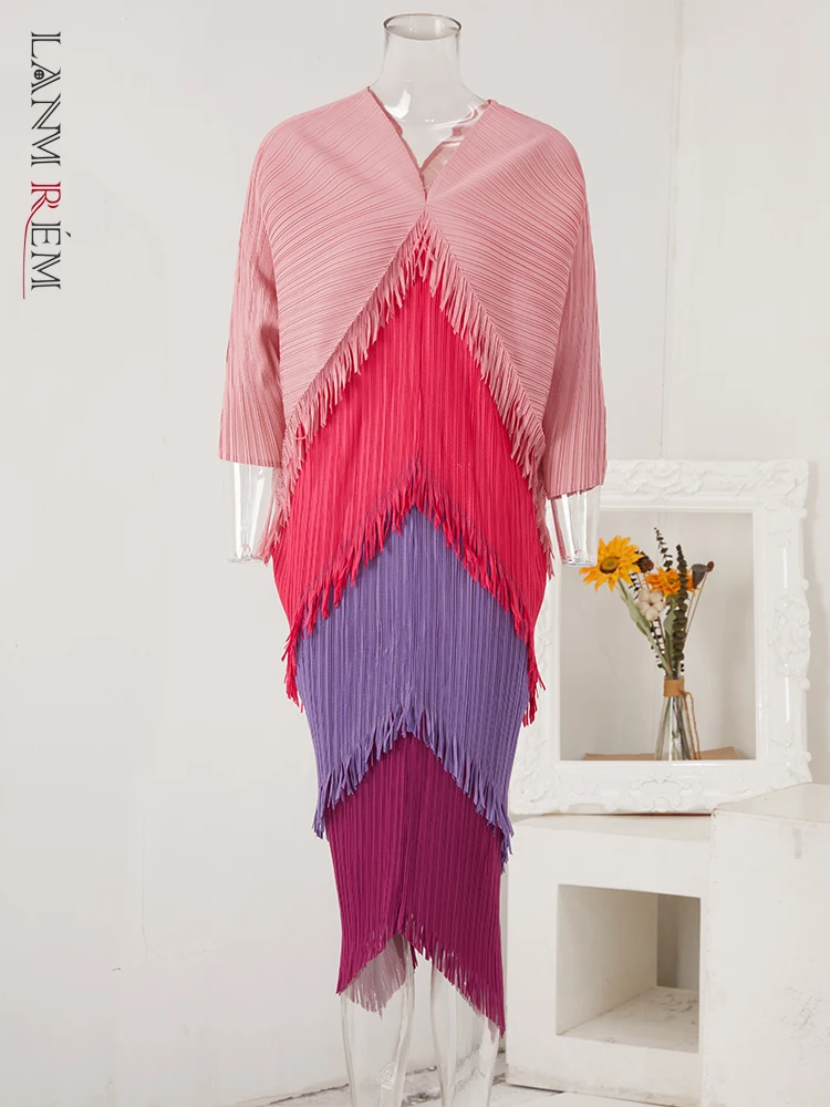 

Женское плиссированное платье LANMREM, разноцветное плиссированное платье до середины икры с рукавами «летучая мышь», модная женская одежда 2023, 2Na89