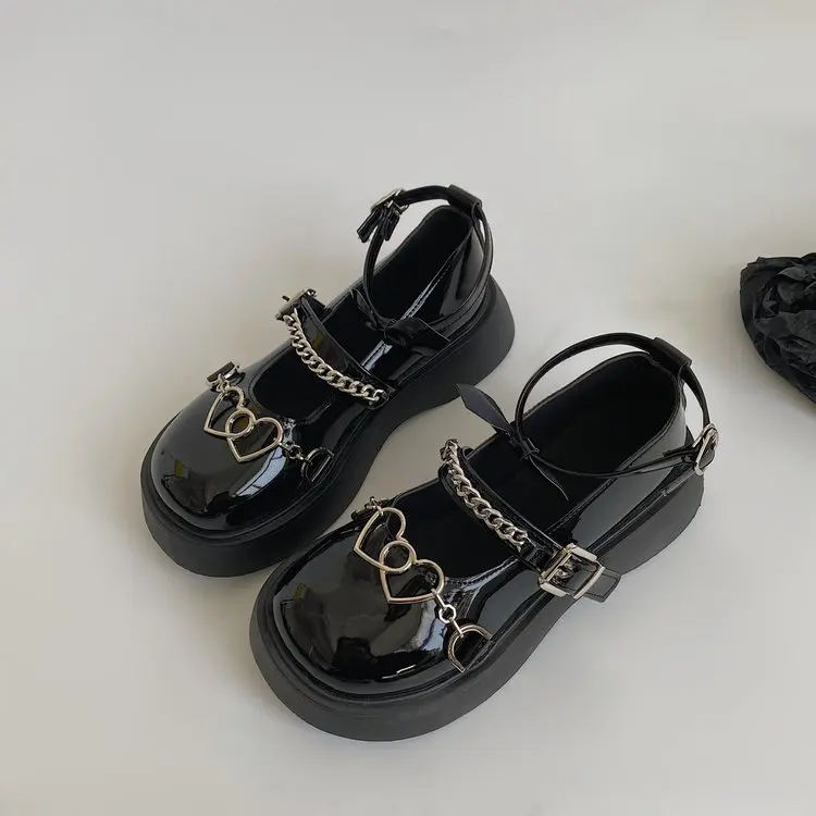 

New Lolita Girls Sweet and Cool Mary Jane High Heels Thick Bottom Wedge Heel Round Toe Heart Buckle Women's Shoes Comfortable