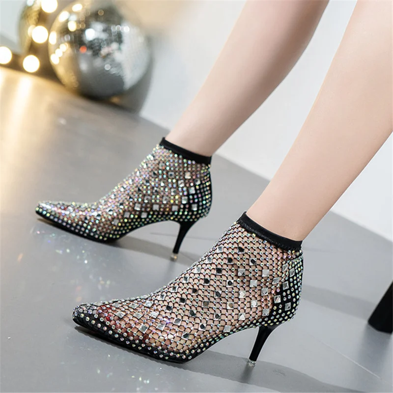 

Summer New Design Ladies Ankle Boots Rhinestone Pointed Toe Fashion High Heels Shoes Mesh Cutout Black Sexy Women Sandals Boots
