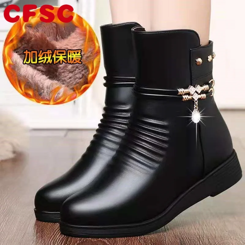 

Leather Women 2021 Autumn Winter Thick Wool Lined Genuine Snow Ankle Short Boots Soft Bottom Flat Shoes Comfortable Large Size