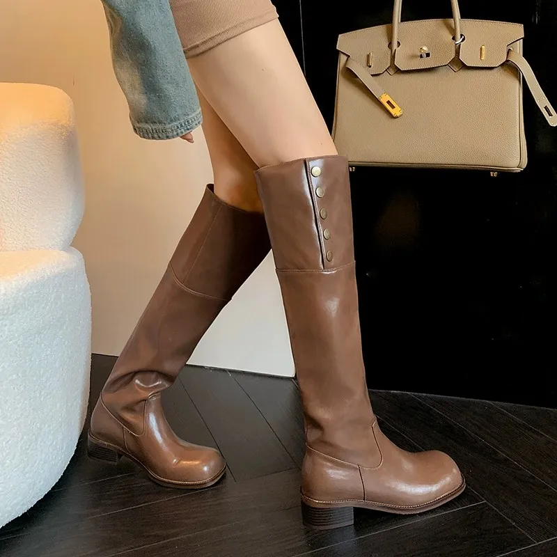 

2023 New High Quality Brand Women Knee Length Boots Leather Thick Heel Boot Designer Outdoors Round Head Winter Boots for Women