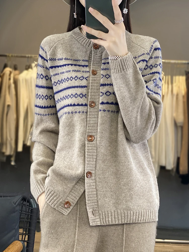 Осенний жаккардовый кардиган в стиле ретро из 00% флиса женский свободный с