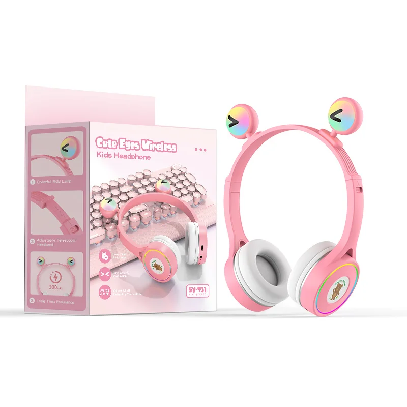 Flash Light Cute Eyes Wireless Headphone with Control LED Gamer Kids Girls Stereo Music Helmet Phone Bluetooth Headset Gift