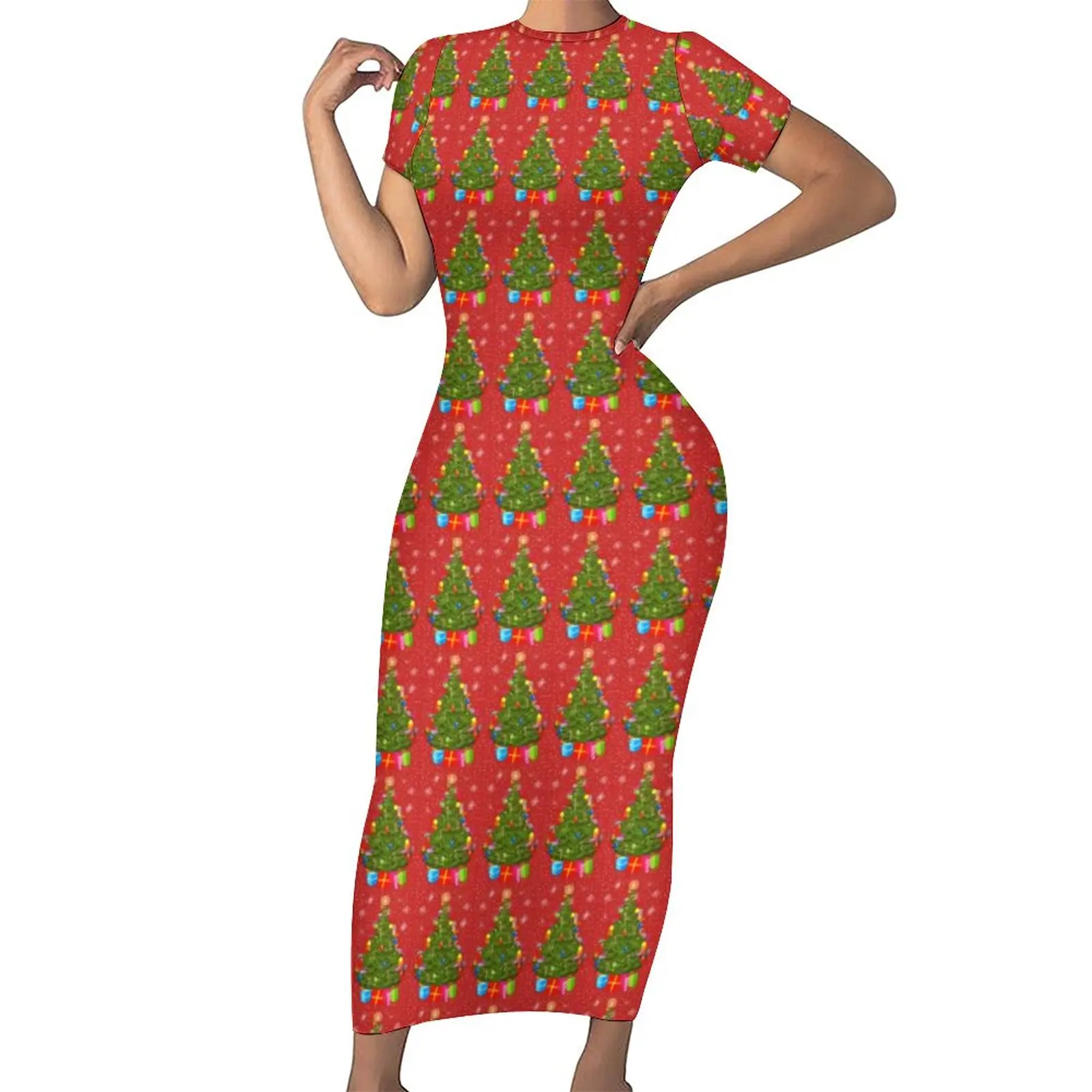 

Зеленое облегающее платье с рождественской елкой, женские праздничные макси платья с принтом для ночного клуба, весеннее платье с коротким рукавом и эстетичным дизайном